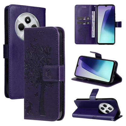 For Redmi 17C/14C 4G/A4 5G/Poco C75 5G Tree & Cat Embossed Pattern Flip Leather Phone Case - Purple - EDA007111316I