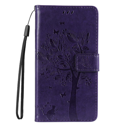 For Redmi 17C/14C 4G/A4 5G/Poco C75 5G Tree & Cat Embossed Pattern Flip Leather Phone Case - Purple - EDA007111316I