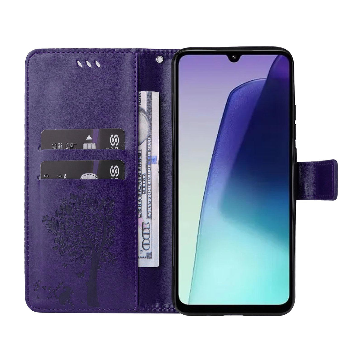 For Redmi 17C/14C 4G/A4 5G/Poco C75 5G Tree & Cat Embossed Pattern Flip Leather Phone Case - Purple - EDA007111316I
