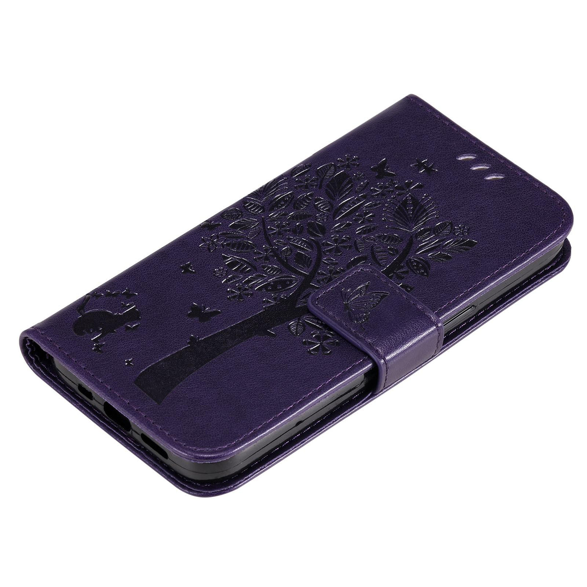 For Redmi 17C/14C 4G/A4 5G/Poco C75 5G Tree & Cat Embossed Pattern Flip Leather Phone Case - Purple - EDA007111316I