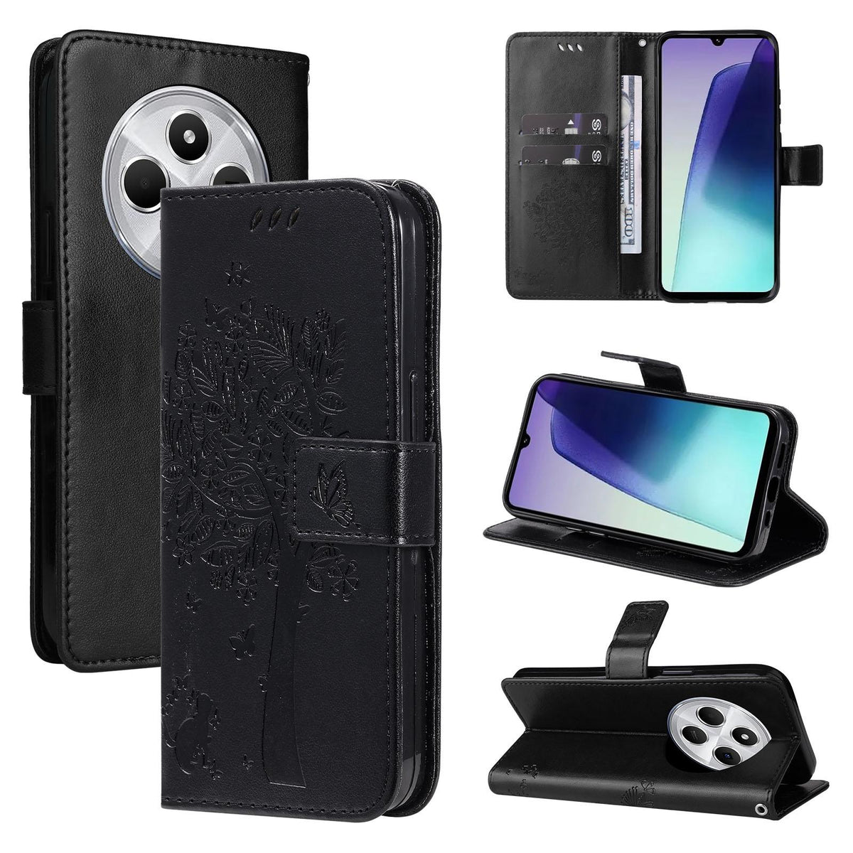 For Redmi 17C/14C 4G/A4 5G/Poco C75 5G Tree & Cat Embossed Pattern Flip Leather Phone Case - Black - EDA007111316J