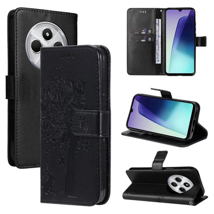 For Redmi 17C/14C 4G/A4 5G/Poco C75 5G Tree & Cat Embossed Pattern Flip Leather Phone Case - Black - EDA007111316J