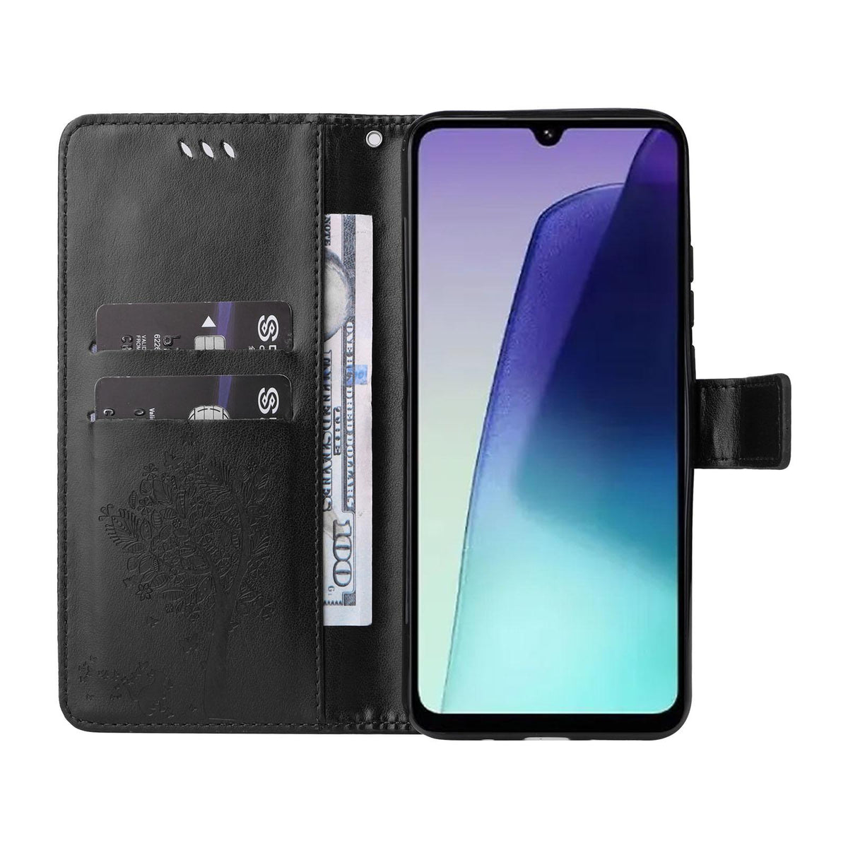 For Redmi 17C/14C 4G/A4 5G/Poco C75 5G Tree & Cat Embossed Pattern Flip Leather Phone Case - Black - EDA007111316J