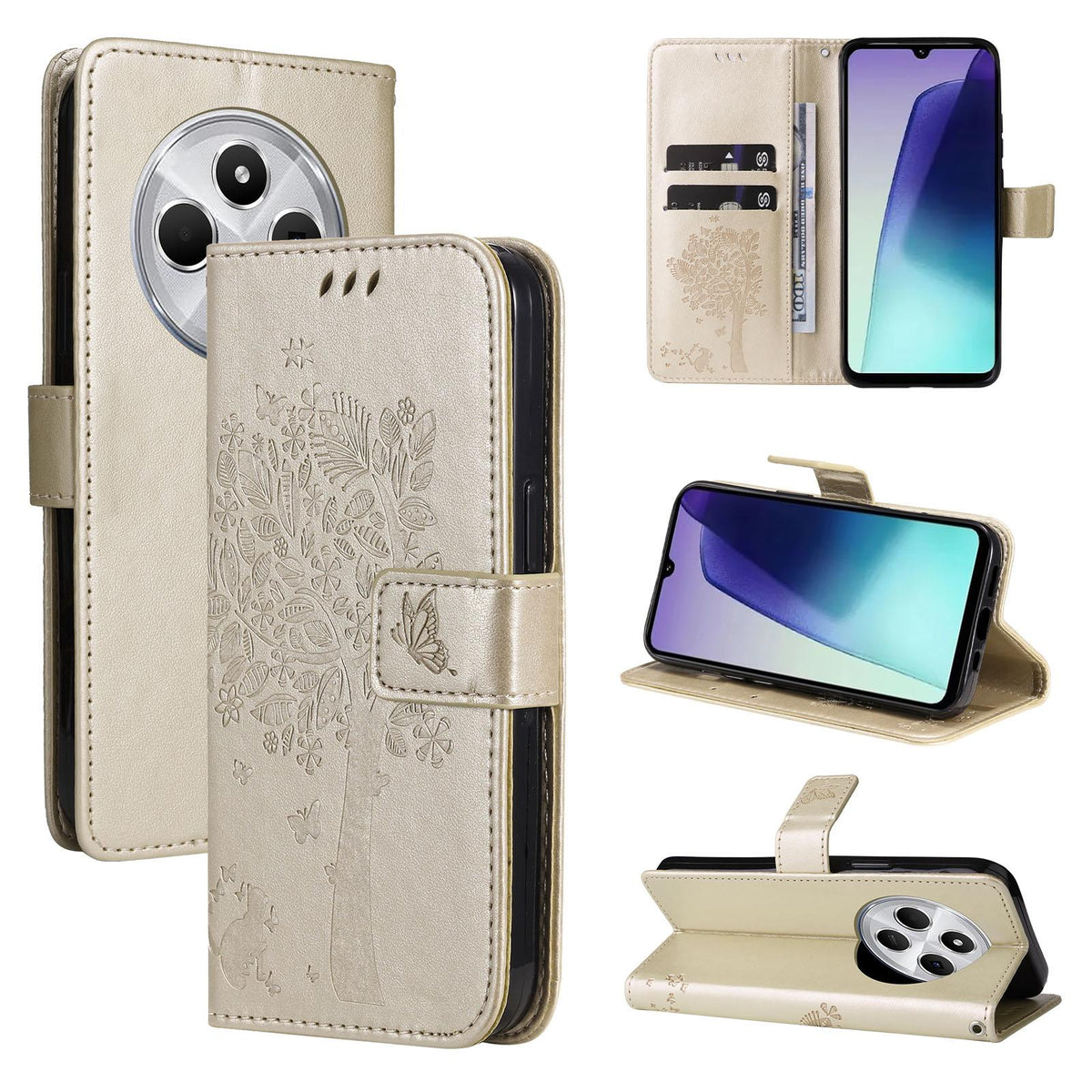 For Redmi 17C/14C 4G/A4 5G/Poco C75 5G Tree & Cat Embossed Pattern Flip Leather Phone Case - Gold - EDA007111316K