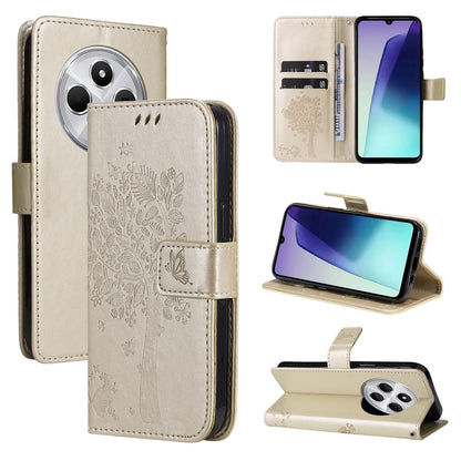 For Redmi 17C/14C 4G/A4 5G/Poco C75 5G Tree & Cat Embossed Pattern Flip Leather Phone Case - Gold - EDA007111316K