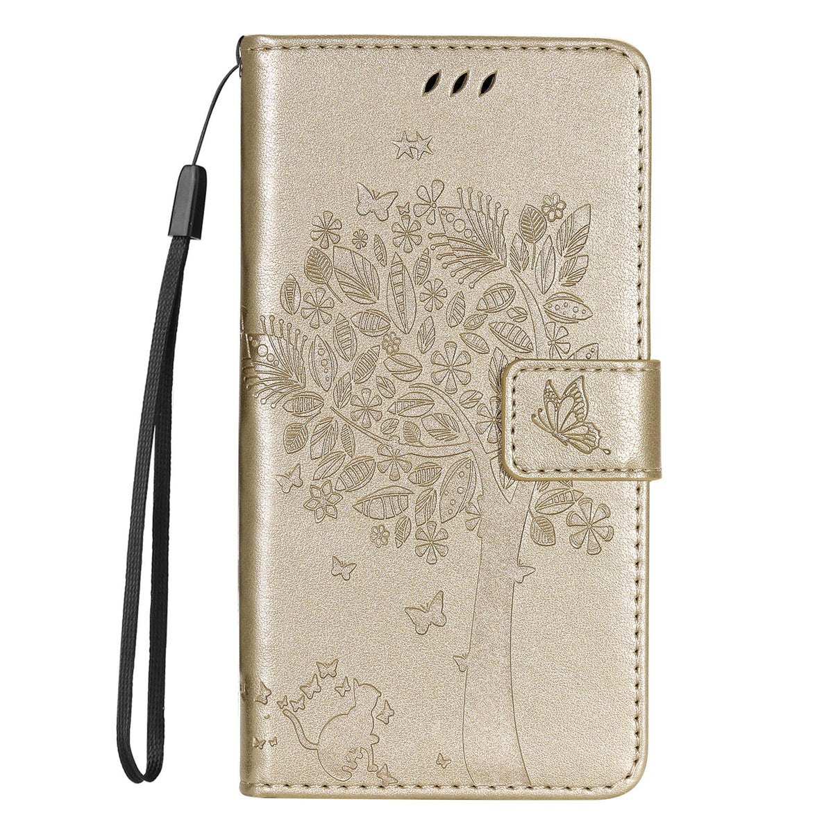 For Redmi 17C/14C 4G/A4 5G/Poco C75 5G Tree & Cat Embossed Pattern Flip Leather Phone Case - Gold - EDA007111316K