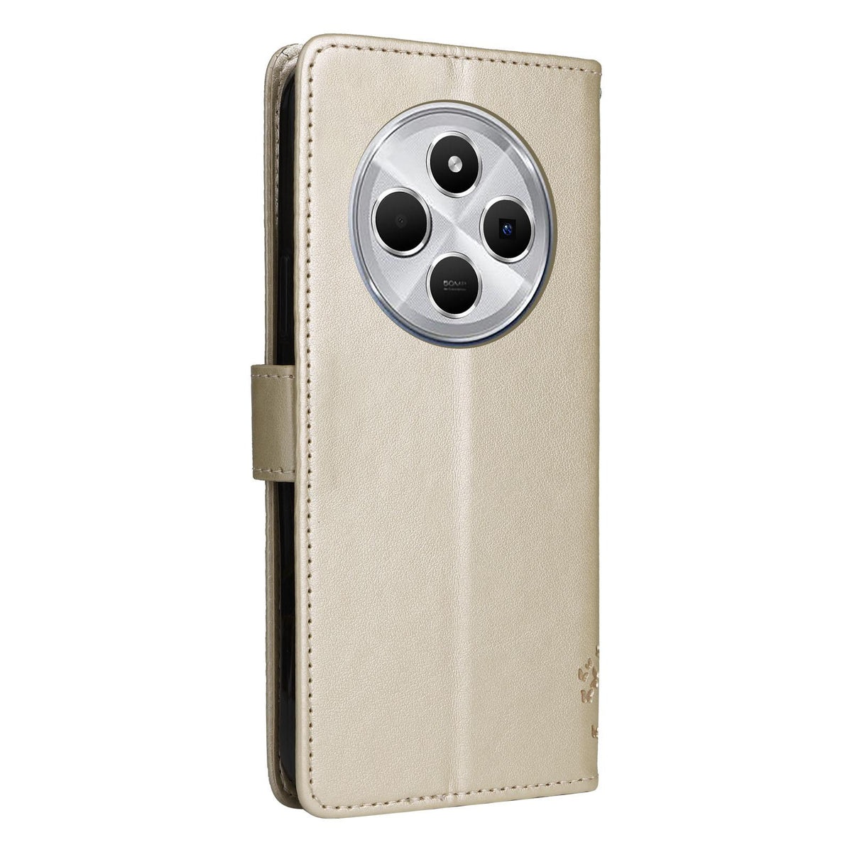For Redmi 17C/14C 4G/A4 5G/Poco C75 5G Tree & Cat Embossed Pattern Flip Leather Phone Case - Gold - EDA007111316K