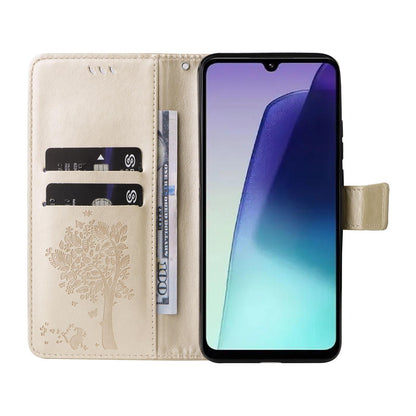 For Redmi 17C/14C 4G/A4 5G/Poco C75 5G Tree & Cat Embossed Pattern Flip Leather Phone Case - Gold - EDA007111316K