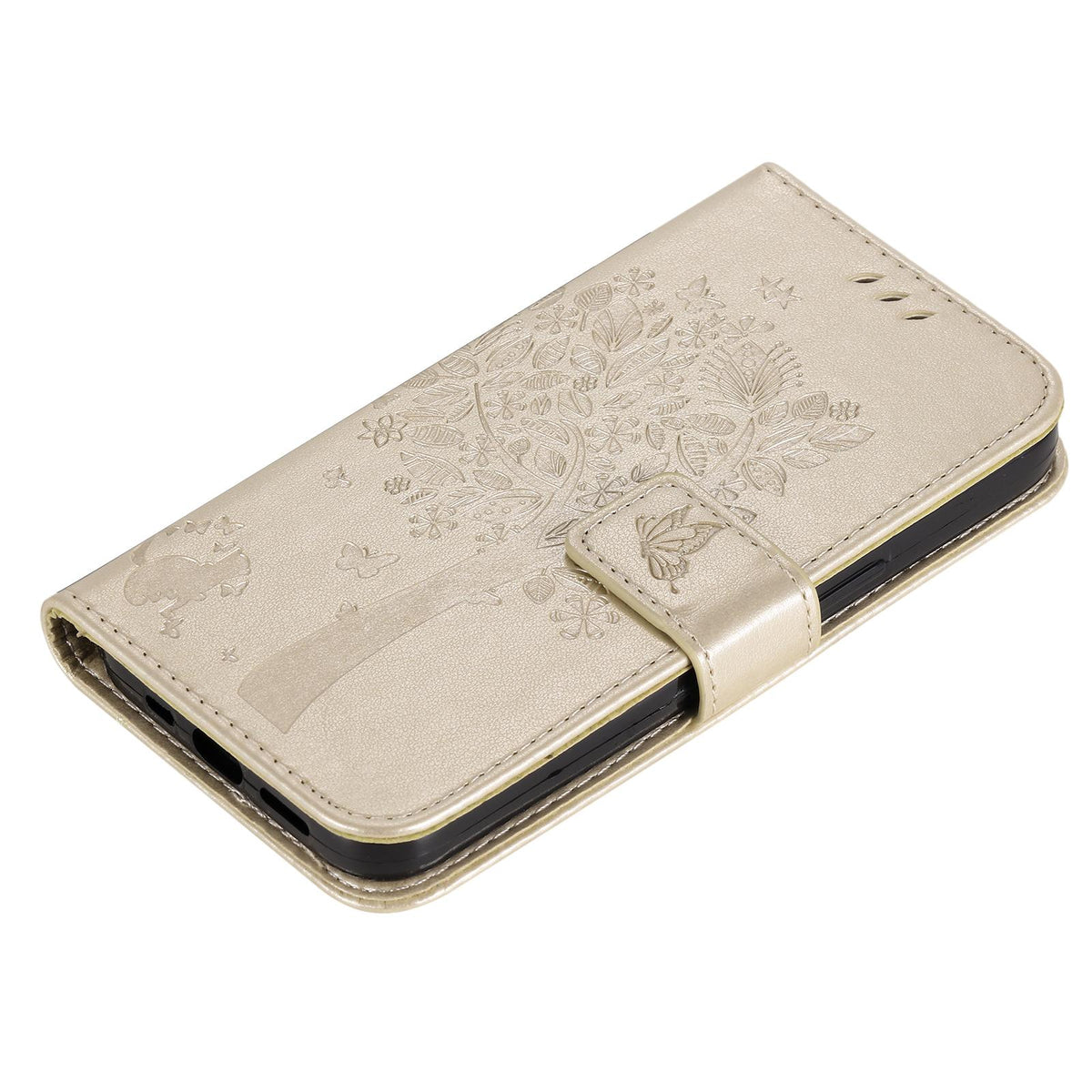 For Redmi 17C/14C 4G/A4 5G/Poco C75 5G Tree & Cat Embossed Pattern Flip Leather Phone Case - Gold - EDA007111316K