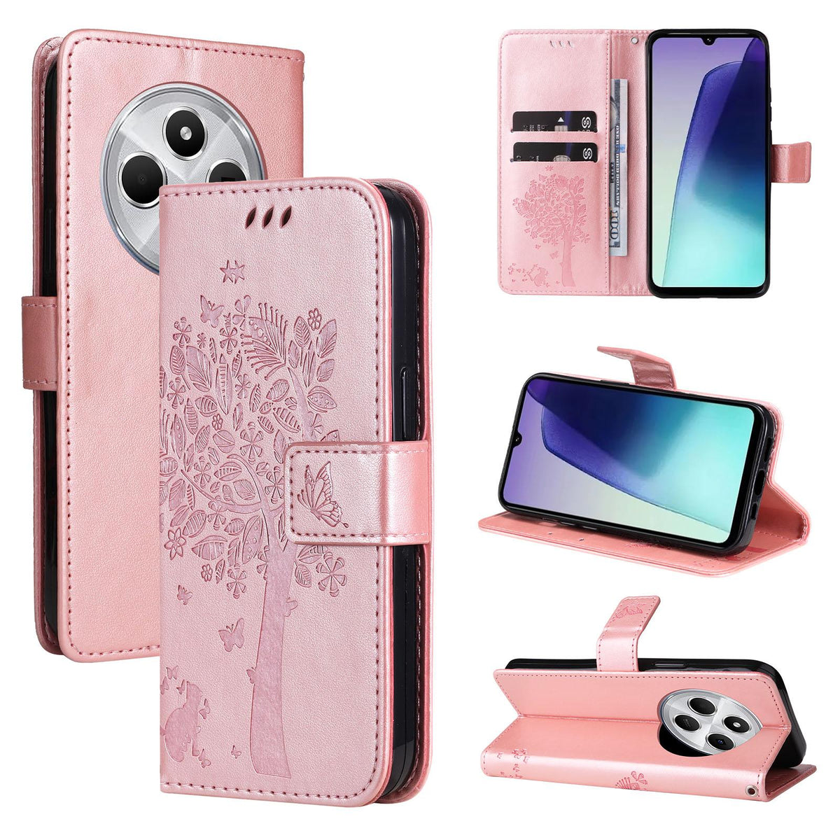 For Redmi 17C/14C 4G/A4 5G/Poco C75 5G Tree & Cat Embossed Pattern Flip Leather Phone Case - Rose Gold - EDA007111316L