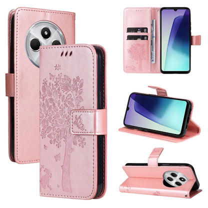 For Redmi 17C/14C 4G/A4 5G/Poco C75 5G Tree & Cat Embossed Pattern Flip Leather Phone Case - Rose Gold - EDA007111316L