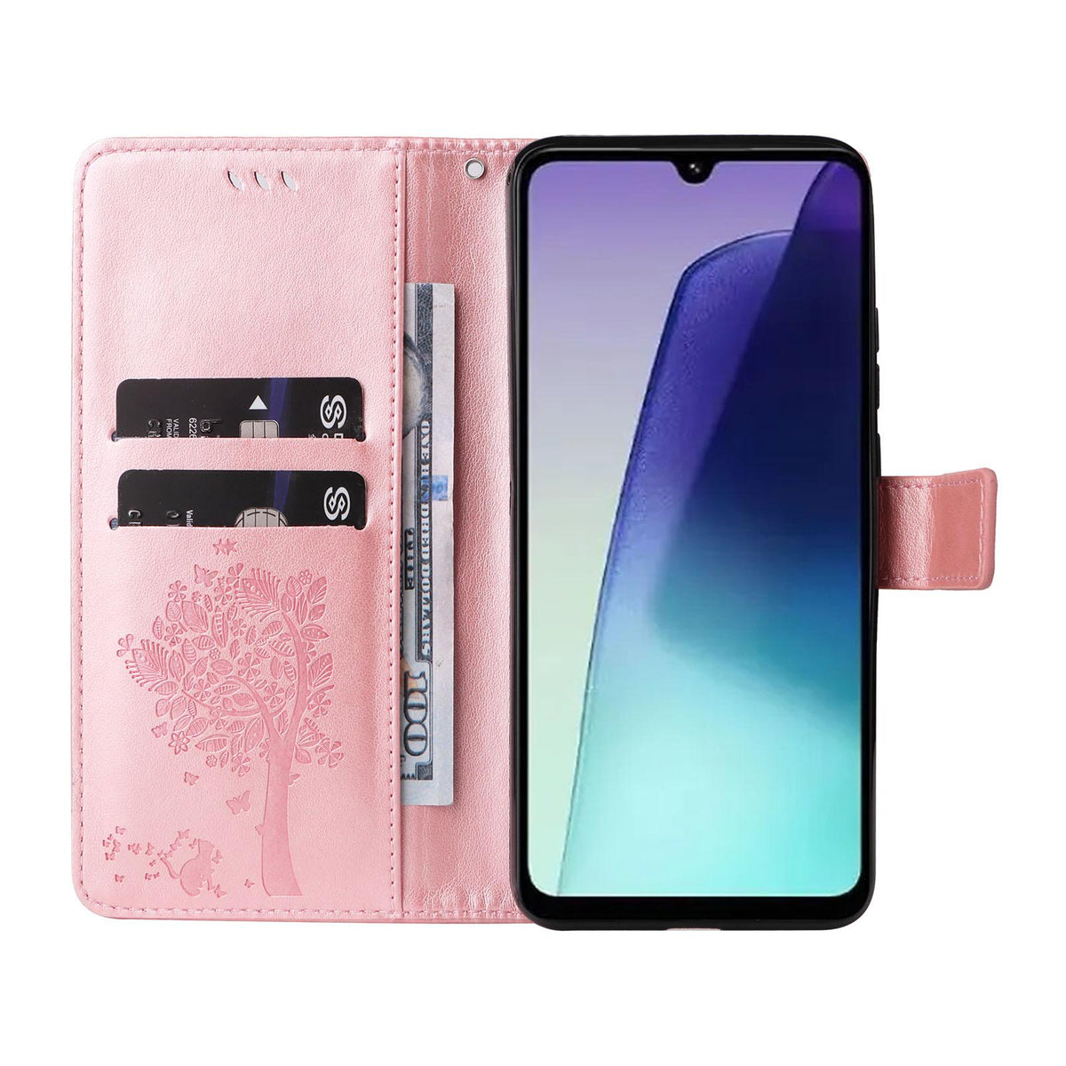For Redmi 17C/14C 4G/A4 5G/Poco C75 5G Tree & Cat Embossed Pattern Flip Leather Phone Case - Rose Gold - EDA007111316L