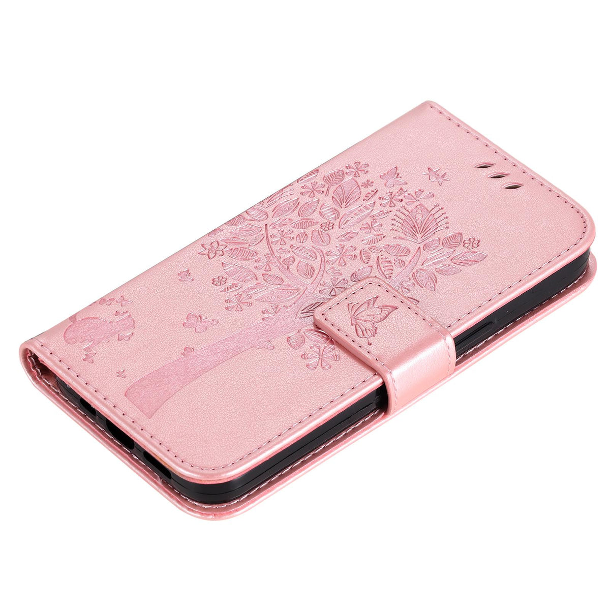 For Redmi 17C/14C 4G/A4 5G/Poco C75 5G Tree & Cat Embossed Pattern Flip Leather Phone Case - Rose Gold - EDA007111316L