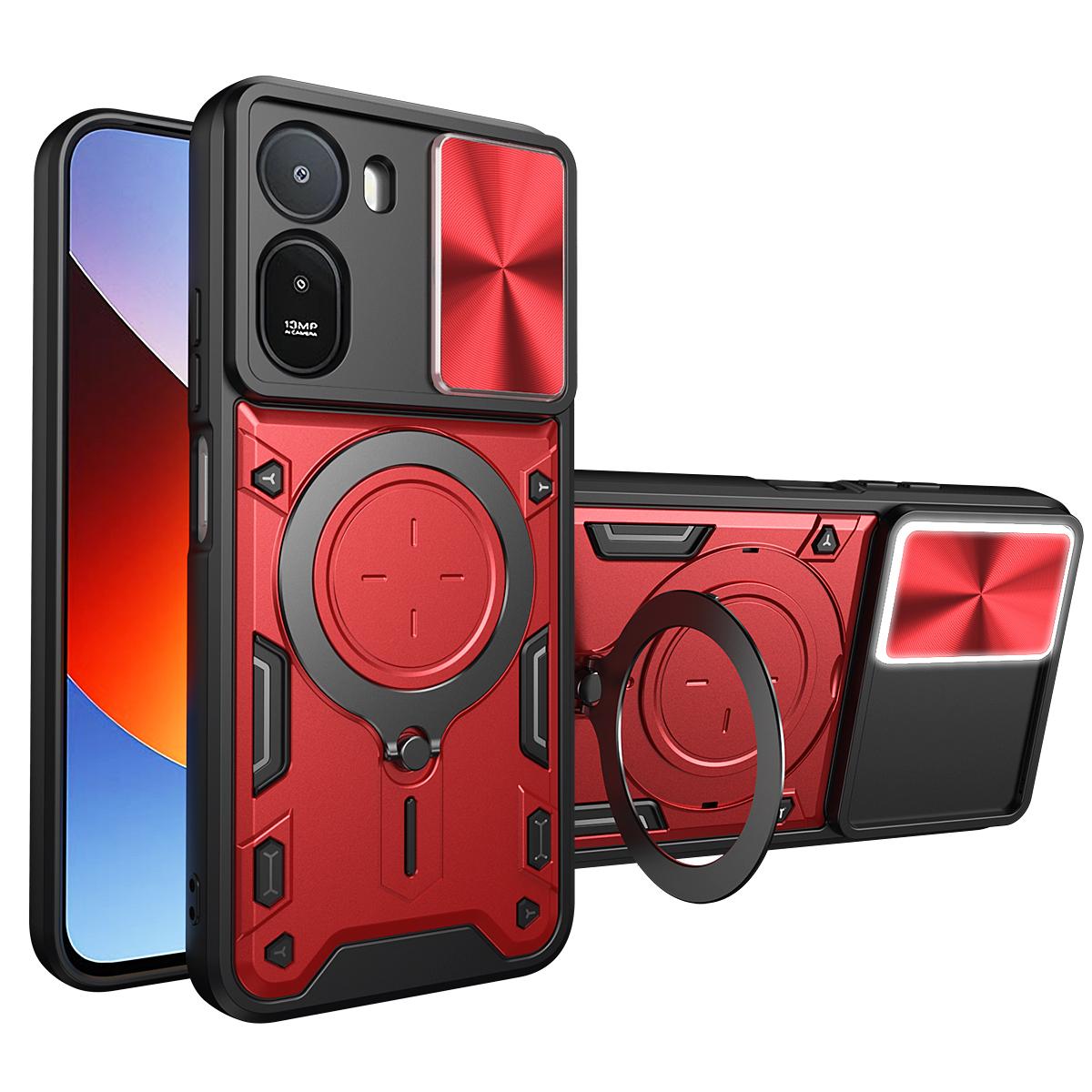 For Redmi A7 Pro 4G IND /  Poco C81 Pro CD Texture Sliding Camshield Magnetic Holder Phone Case - Red - EDA007113815C