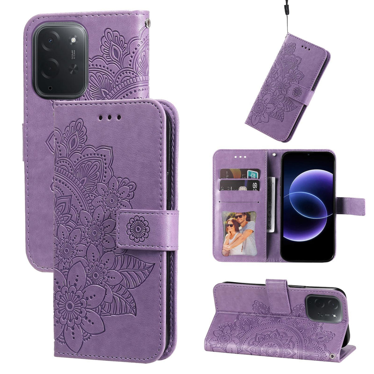 For Xiaomi Poco C95 Pro Seven-petal Flowers Embossing Leather Phone Case - Light Purple - EDA007116717A