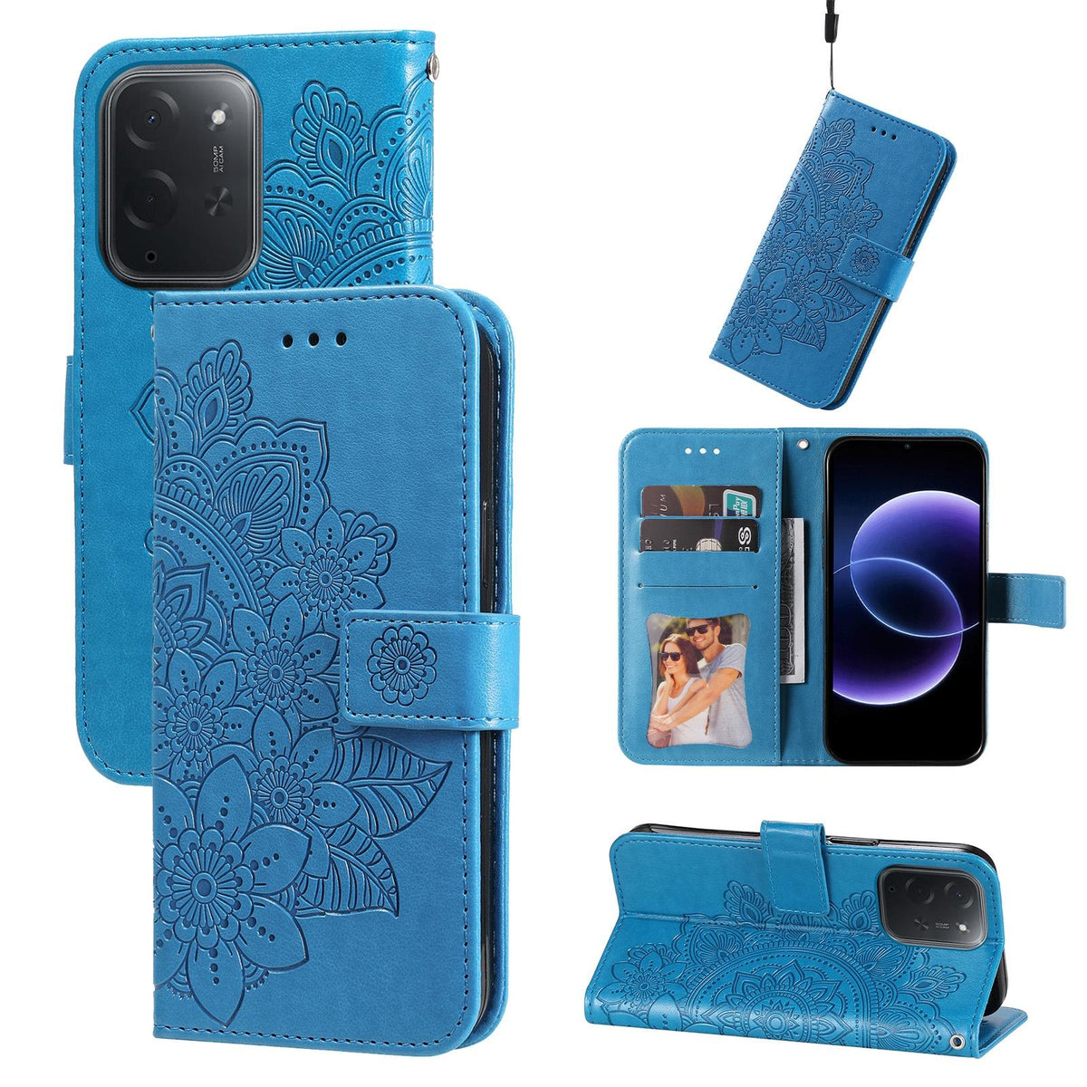 For Xiaomi Poco C95 Pro Seven-petal Flowers Embossing Leather Phone Case - Blue - EDA007116717B