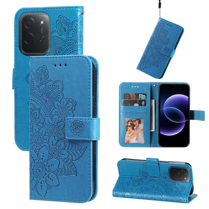 For Xiaomi Poco C95 Pro Seven-petal Flowers Embossing Leather Phone Case - Blue - EDA007116717B