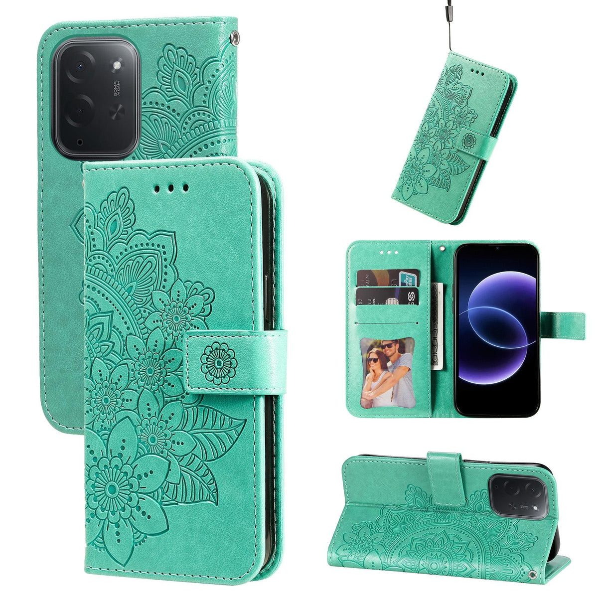 For Xiaomi Poco C95 Pro Seven-petal Flowers Embossing Leather Phone Case - Green - EDA007116717C