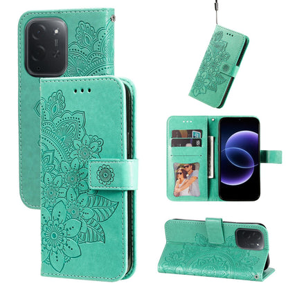 For Xiaomi Poco C95 Pro Seven-petal Flowers Embossing Leather Phone Case - Green - EDA007116717C
