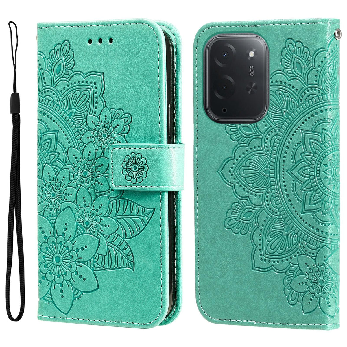 For Xiaomi Poco C95 Pro Seven-petal Flowers Embossing Leather Phone Case - Green - EDA007116717C