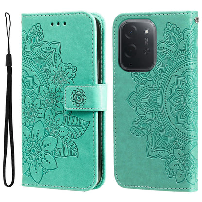 For Xiaomi Poco C95 Pro Seven-petal Flowers Embossing Leather Phone Case - Green - EDA007116717C