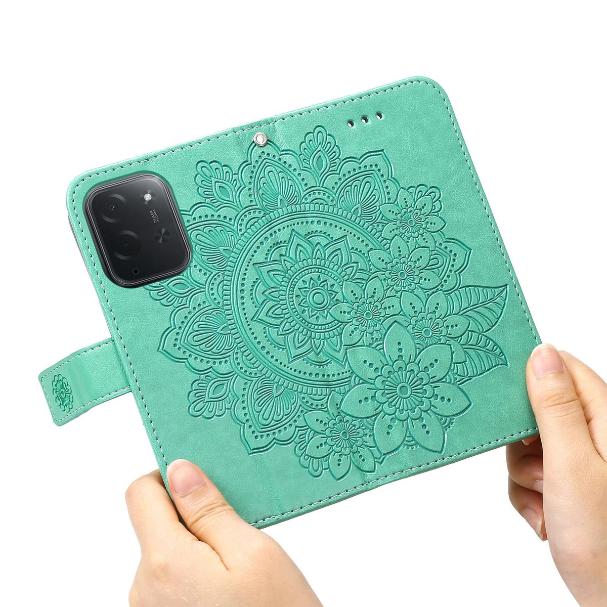 For Xiaomi Poco C95 Pro Seven-petal Flowers Embossing Leather Phone Case - Green - EDA007116717C