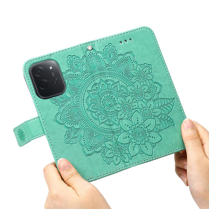 For Xiaomi Poco C95 Pro Seven-petal Flowers Embossing Leather Phone Case - Green - EDA007116717C