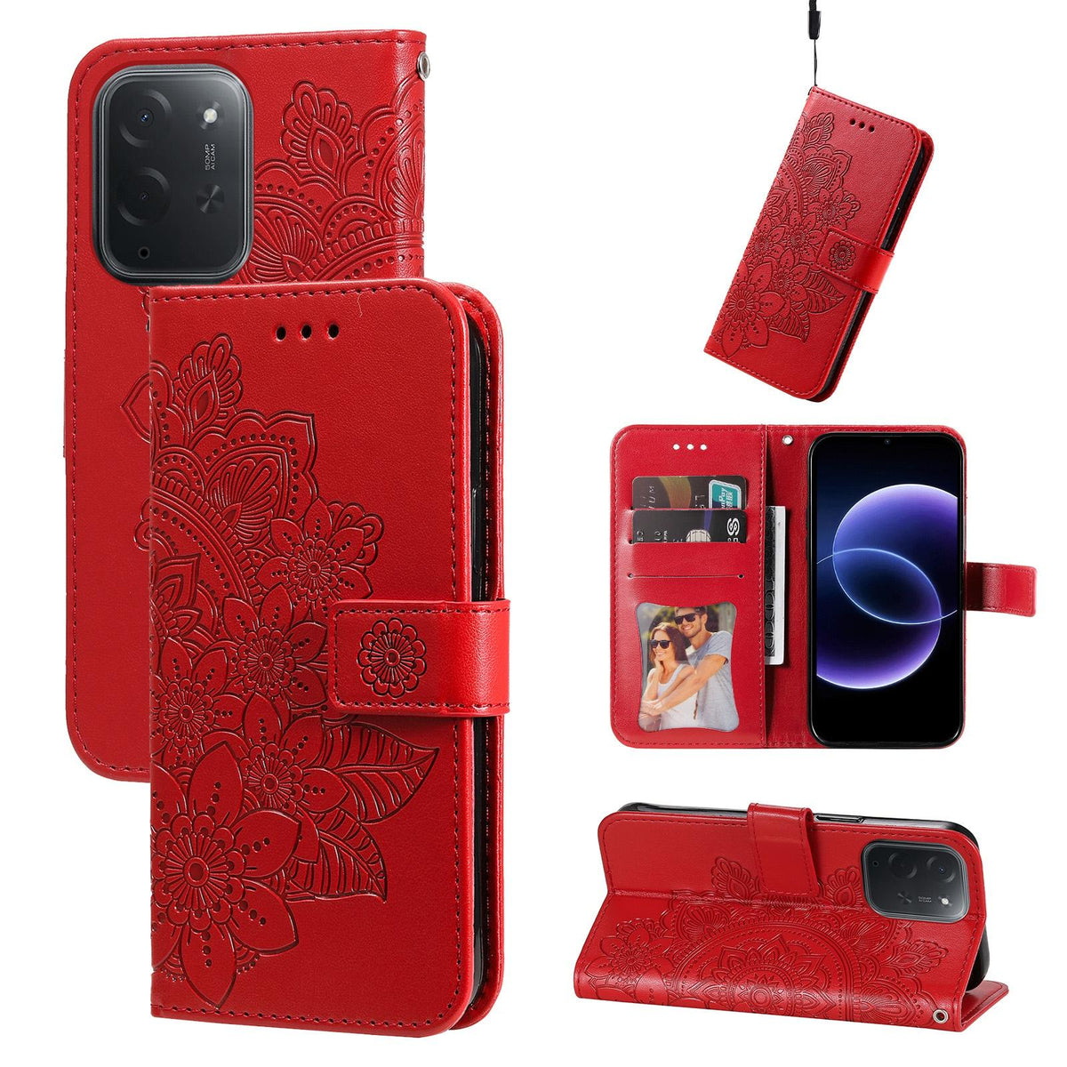 For Xiaomi Poco C95 Pro Seven-petal Flowers Embossing Leather Phone Case - Red - EDA007116717D