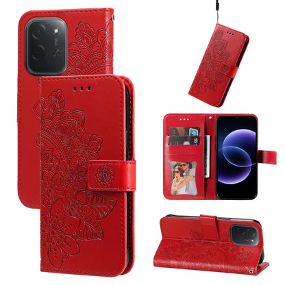 For Xiaomi Poco C95 Pro Seven-petal Flowers Embossing Leather Phone Case - Red - EDA007116717D