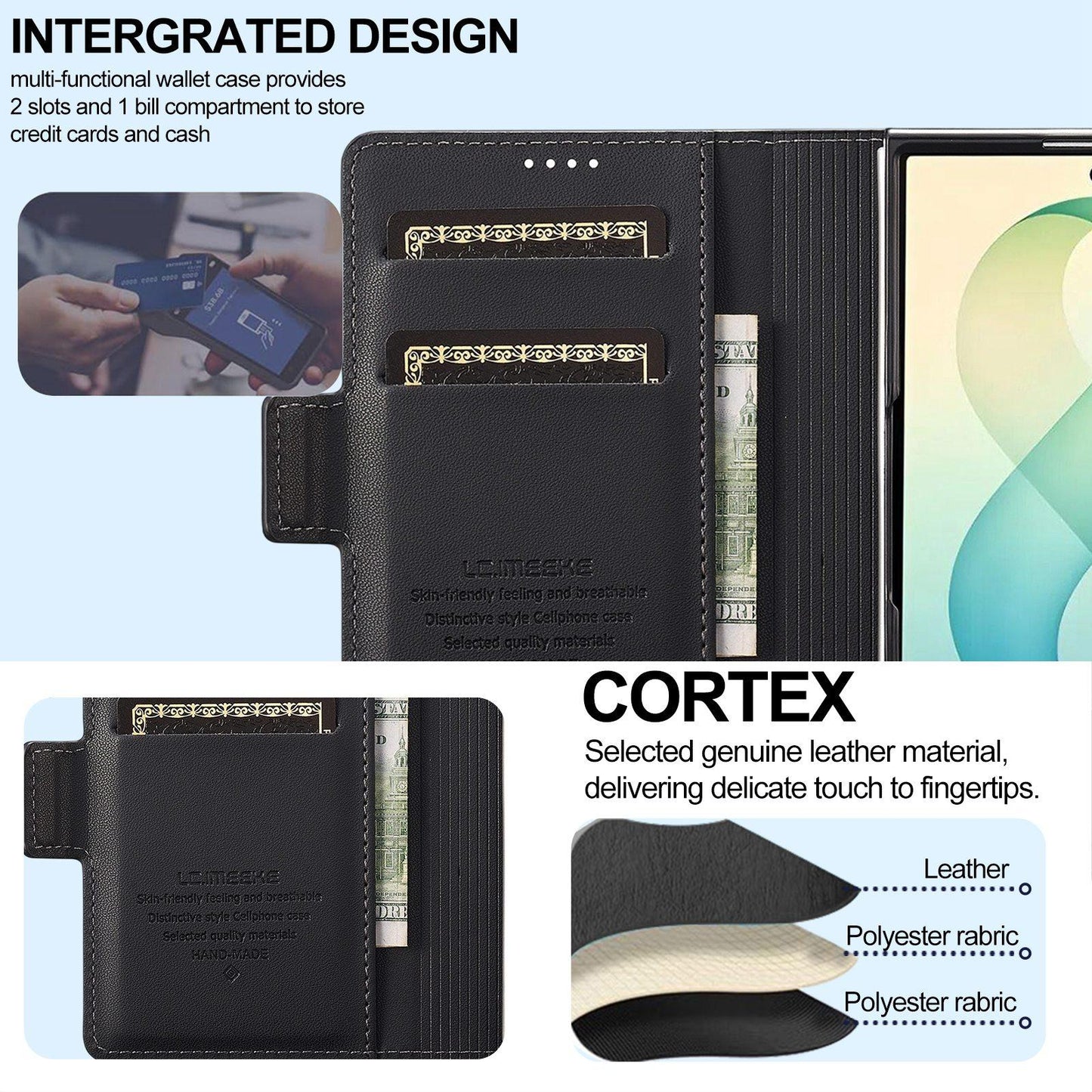 For Galaxy Z Fold8 5G LC.IMEEKE L1 Series Frosted Fine Texture PU Phone Case with Pen Slot, Pen Not Included(Black)