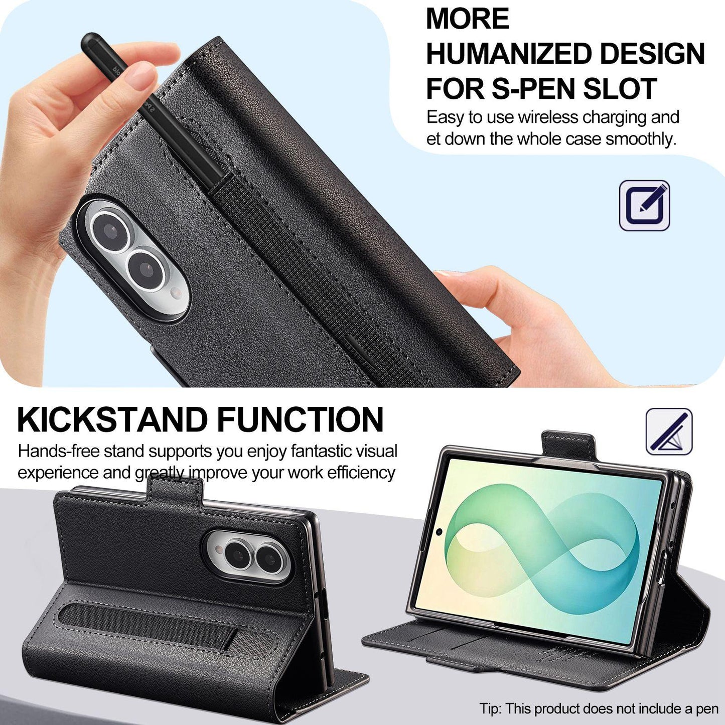 For Galaxy Z Fold8 5G LC.IMEEKE L1 Series Frosted Fine Texture PU Phone Case with Pen Slot, Pen Not Included(Black)