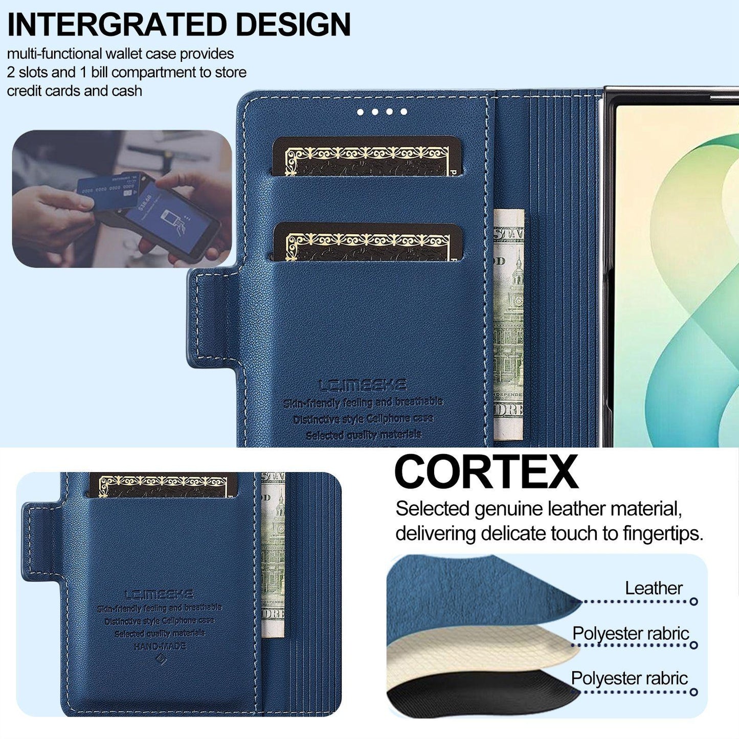 For Galaxy Z Fold8 5G LC.IMEEKE L1 Series Frosted Fine Texture PU Phone Case with Pen Slot, Pen Not Included(Blue)