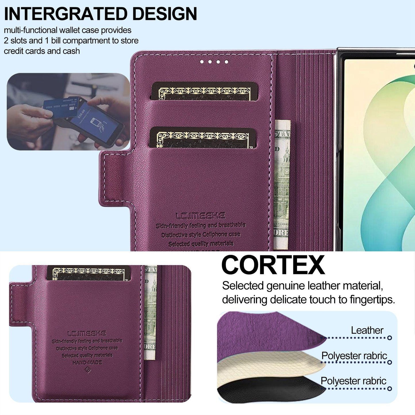 For Galaxy Z Fold8 5G LC.IMEEKE L1 Series Frosted Fine Texture PU Phone Case with Pen Slot, Pen Not Included(Purple)
