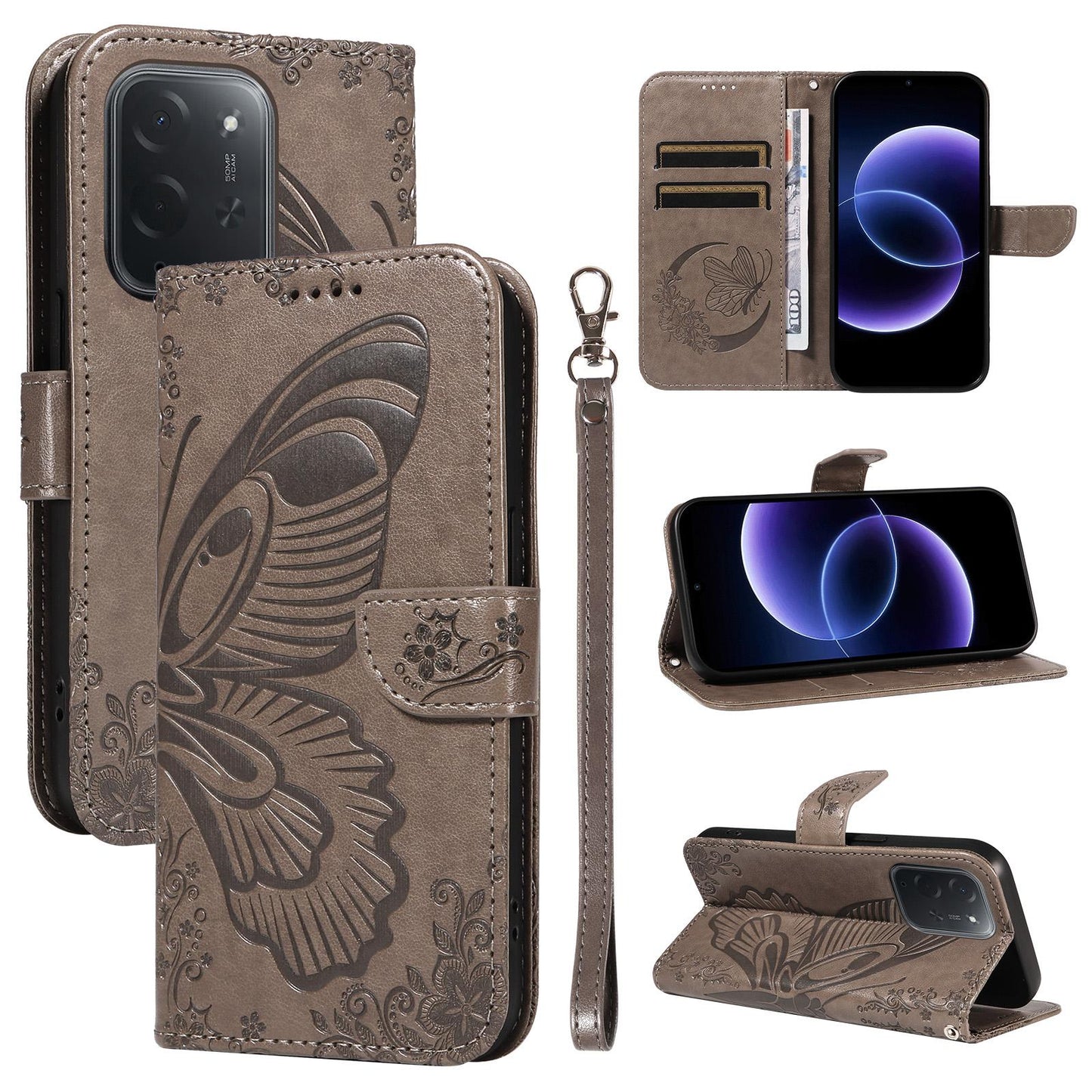 For Xiaomi Poco C95 Pro Swallowtail Butterfly Embossed Leather Phone Case(Grey)