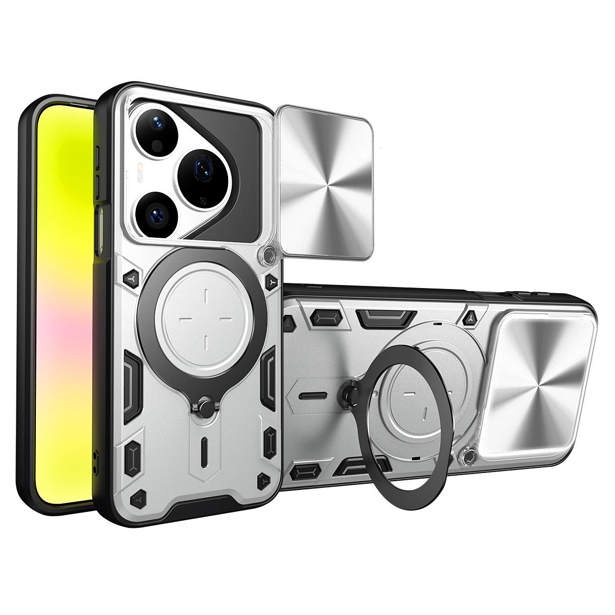 For Huawei Pura 90 Pro 5G CD Texture Sliding Camshield Magnetic Holder Phone Case - Silver - EDA007175204E