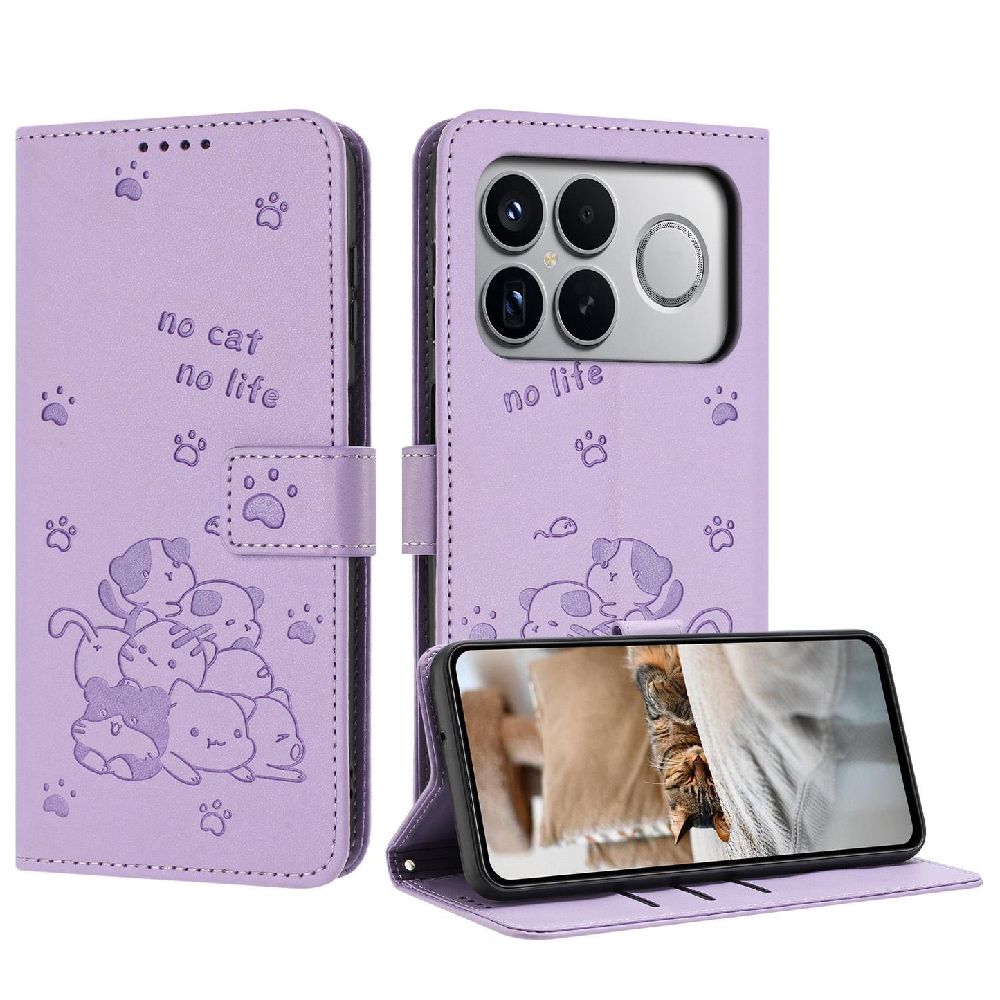 For Redmi K90 Pro Max / Poco F8 Ultra Embossed Kitten Phone Leather Case with Lanyard(Purple)