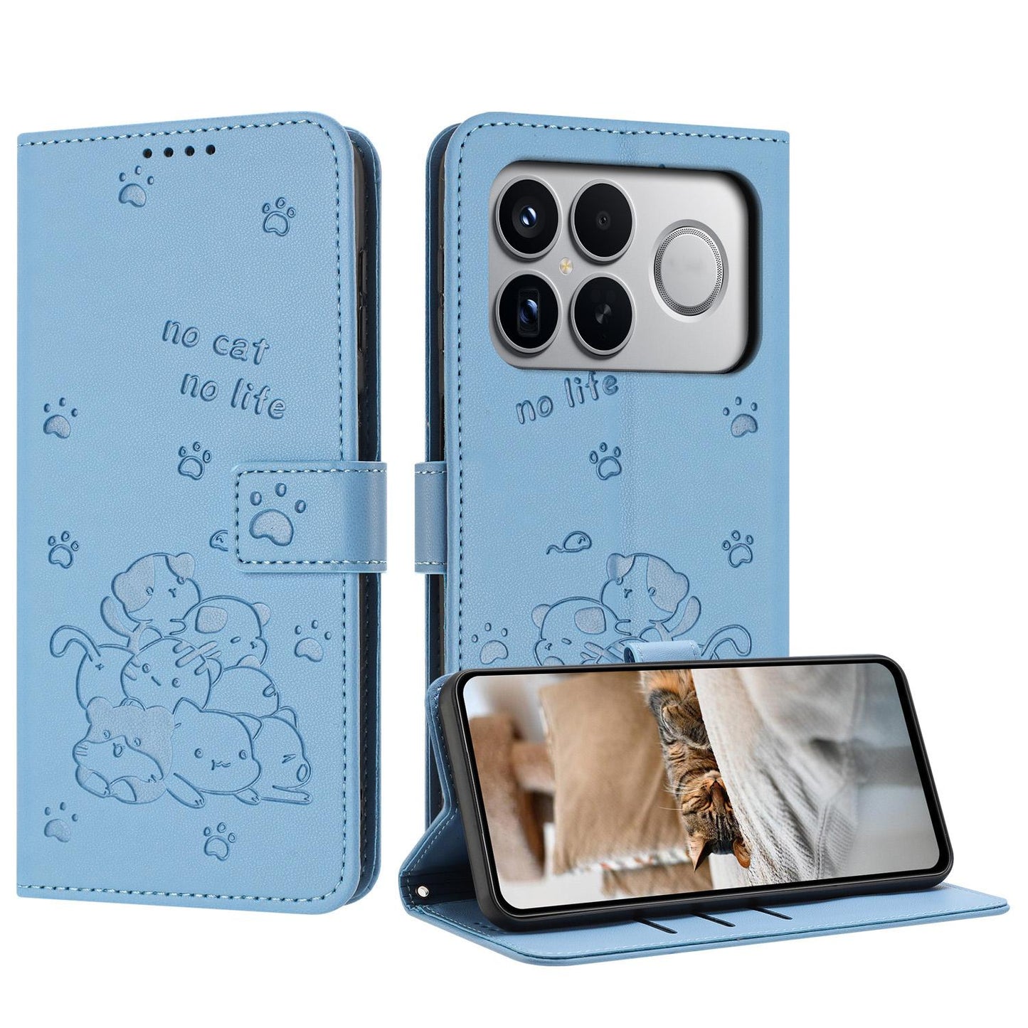 For Redmi K90 Pro Max / Poco F8 Ultra Embossed Kitten Phone Leather Case with Lanyard(Blue)