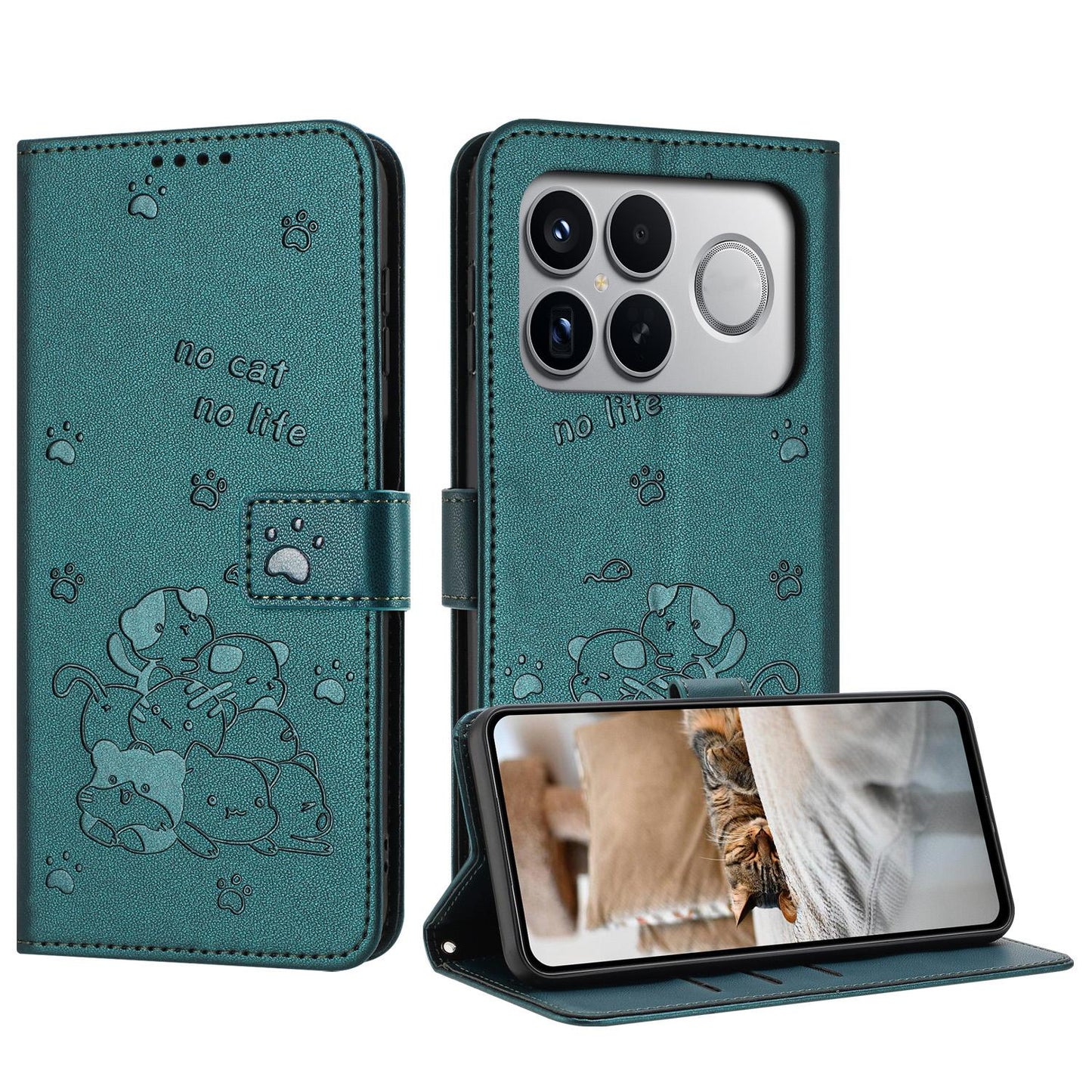 For Redmi K90 Pro Max / Poco F8 Ultra Embossed Kitten Phone Leather Case with Lanyard(Dark Green)