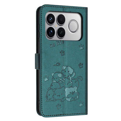 For Redmi K90 Pro Max / Poco F8 Ultra Embossed Kitten Phone Leather Case with Lanyard(Dark Green)