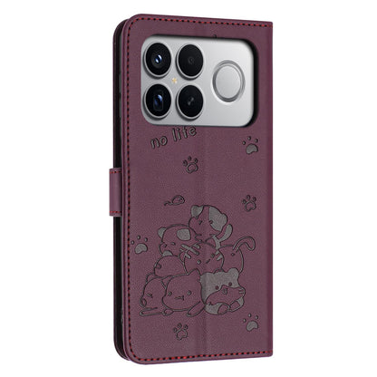 For Redmi K90 Pro Max / Poco F8 Ultra Embossed Kitten Phone Leather Case with Lanyard(Wine Red)