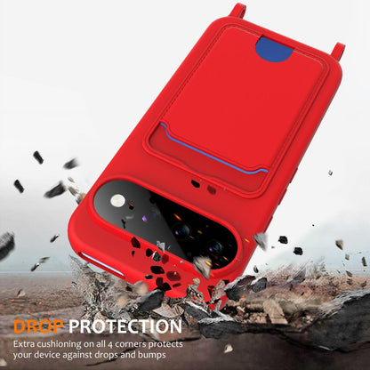 For Google Pixel 11 Integrated Card Bag Solid Color Liquid Silicone Phone Case with Lanyard - Red - EDA007189112A