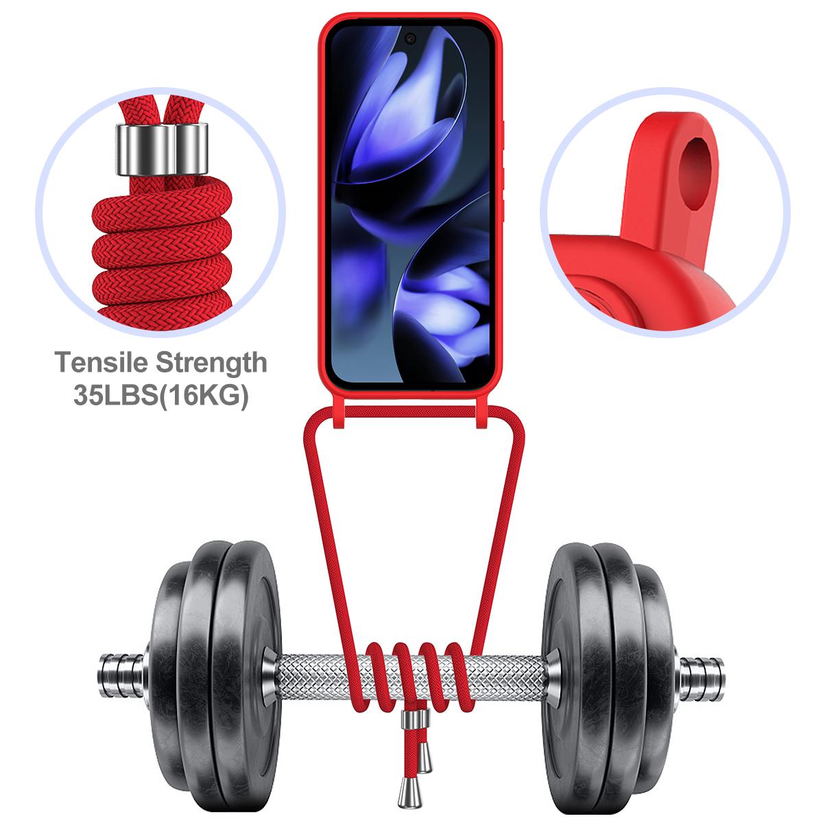 For Google Pixel 11 Integrated Card Bag Solid Color Liquid Silicone Phone Case with Lanyard - Red - EDA007189112A