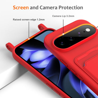 For Google Pixel 11 Integrated Card Bag Solid Color Liquid Silicone Phone Case with Lanyard - Red - EDA007189112A