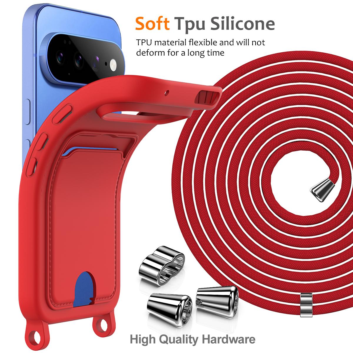 For Google Pixel 11 Integrated Card Bag Solid Color Liquid Silicone Phone Case with Lanyard - Red - EDA007189112A