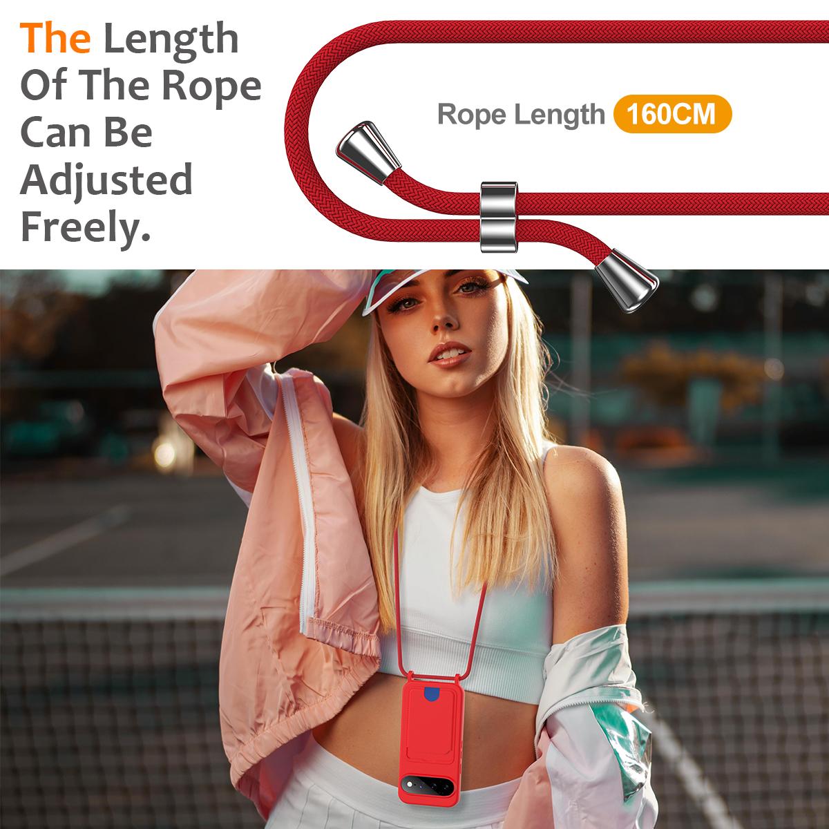 For Google Pixel 11 Integrated Card Bag Solid Color Liquid Silicone Phone Case with Lanyard - Red - EDA007189112A