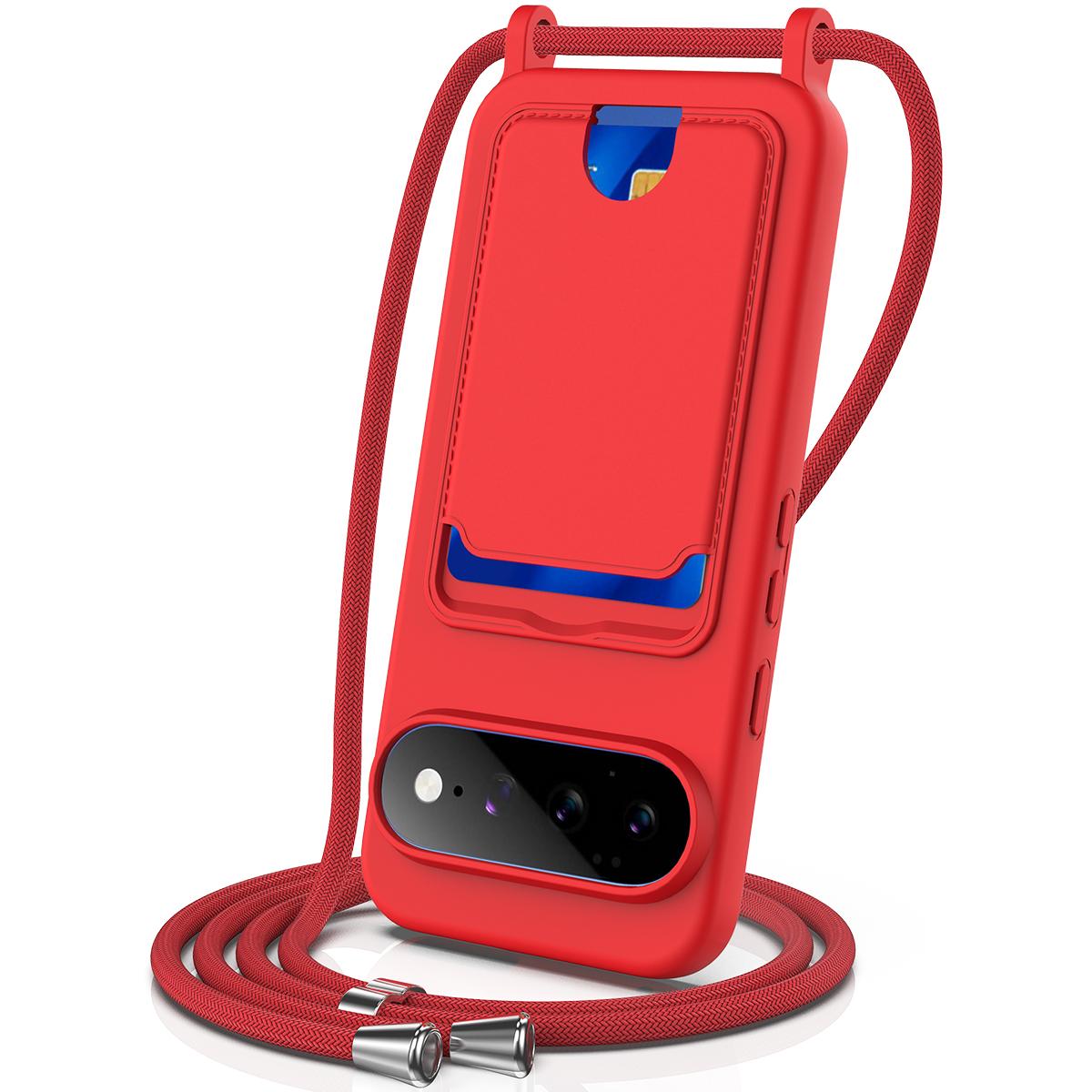 For Google Pixel 11 Integrated Card Bag Solid Color Liquid Silicone Phone Case with Lanyard - Red - EDA007189112A