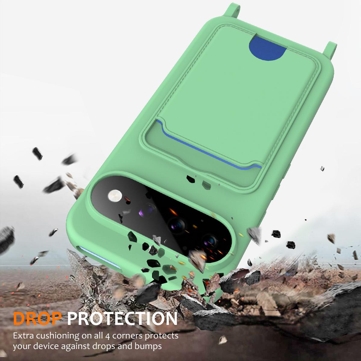 For Google Pixel 11 Integrated Card Bag Solid Color Liquid Silicone Phone Case with Lanyard - Green - EDA007189112B