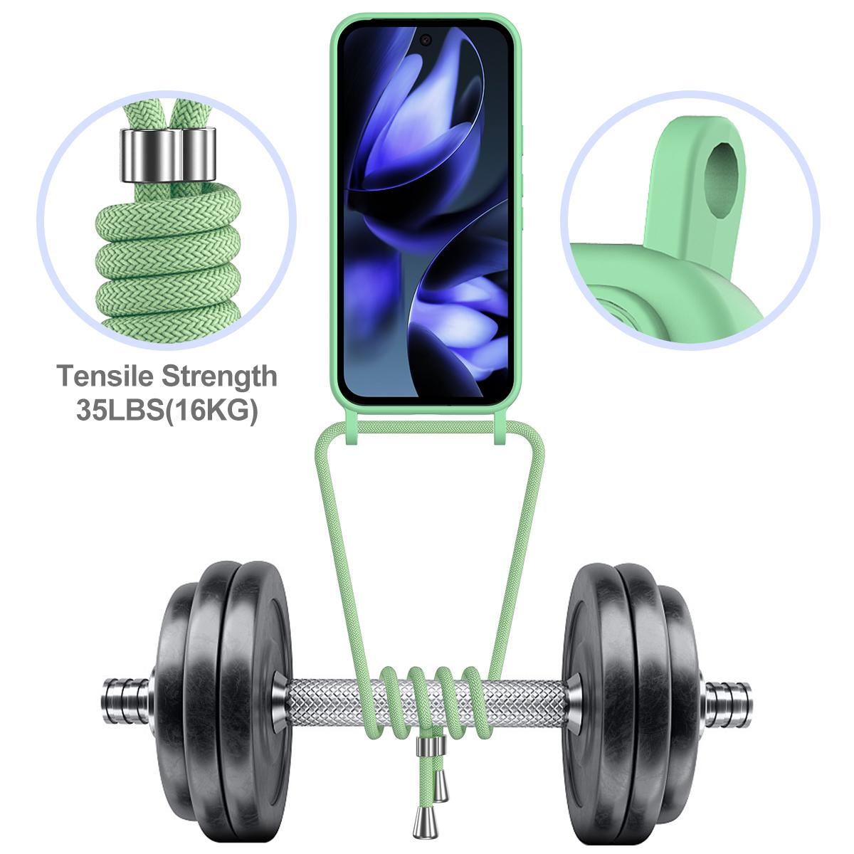 For Google Pixel 11 Integrated Card Bag Solid Color Liquid Silicone Phone Case with Lanyard - Green - EDA007189112B