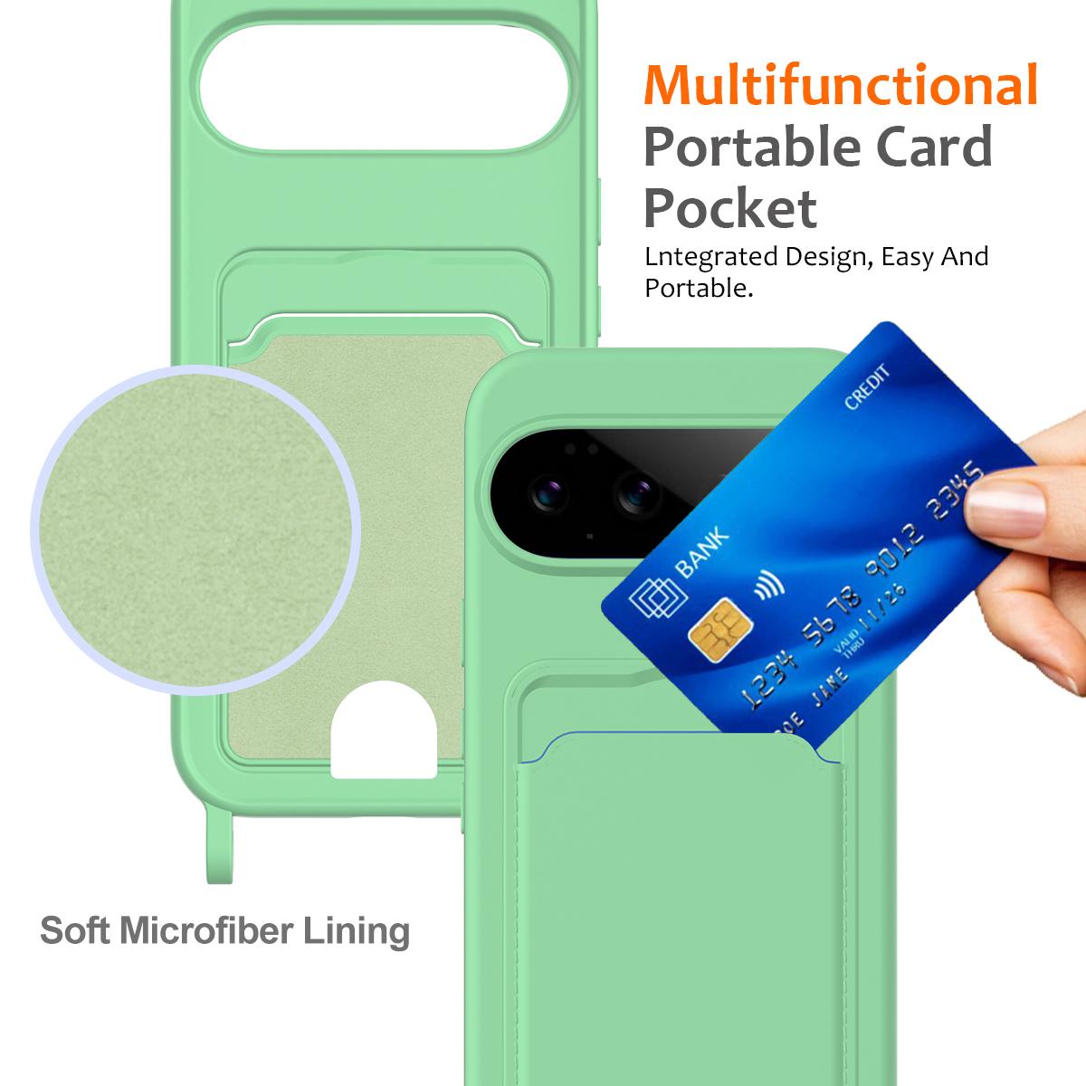 For Google Pixel 11 Integrated Card Bag Solid Color Liquid Silicone Phone Case with Lanyard - Green - EDA007189112B
