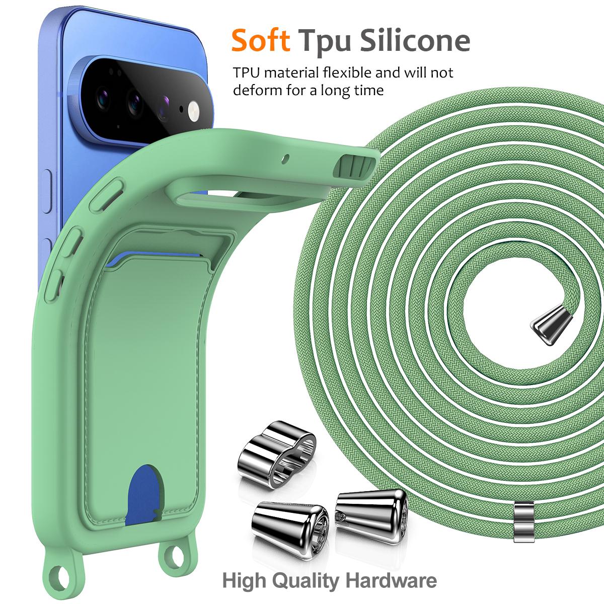 For Google Pixel 11 Integrated Card Bag Solid Color Liquid Silicone Phone Case with Lanyard - Green - EDA007189112B